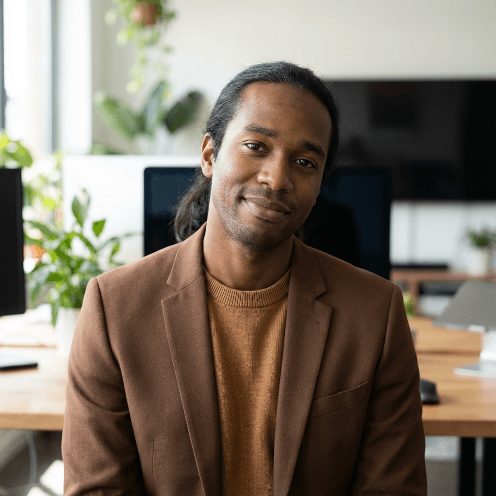 Male professional in his late 30s, Black, trustworthy calm demeanor