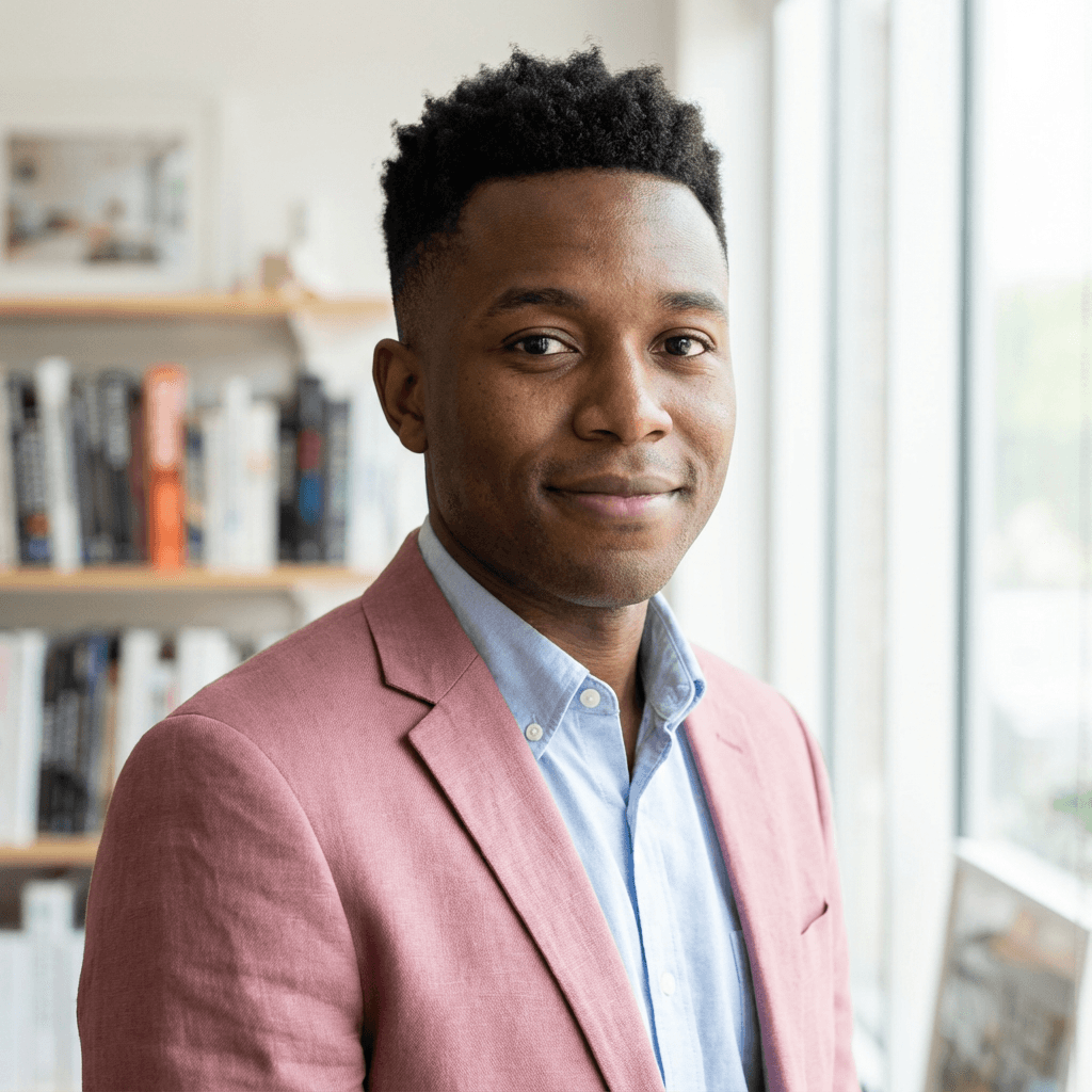 Daniel Okafor, a friendly Black man in his mid 30s, casual workwear