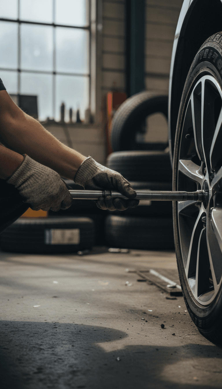 Mechanic tightening lug nuts on a wheel at Baseggio Tire Service in Toronto