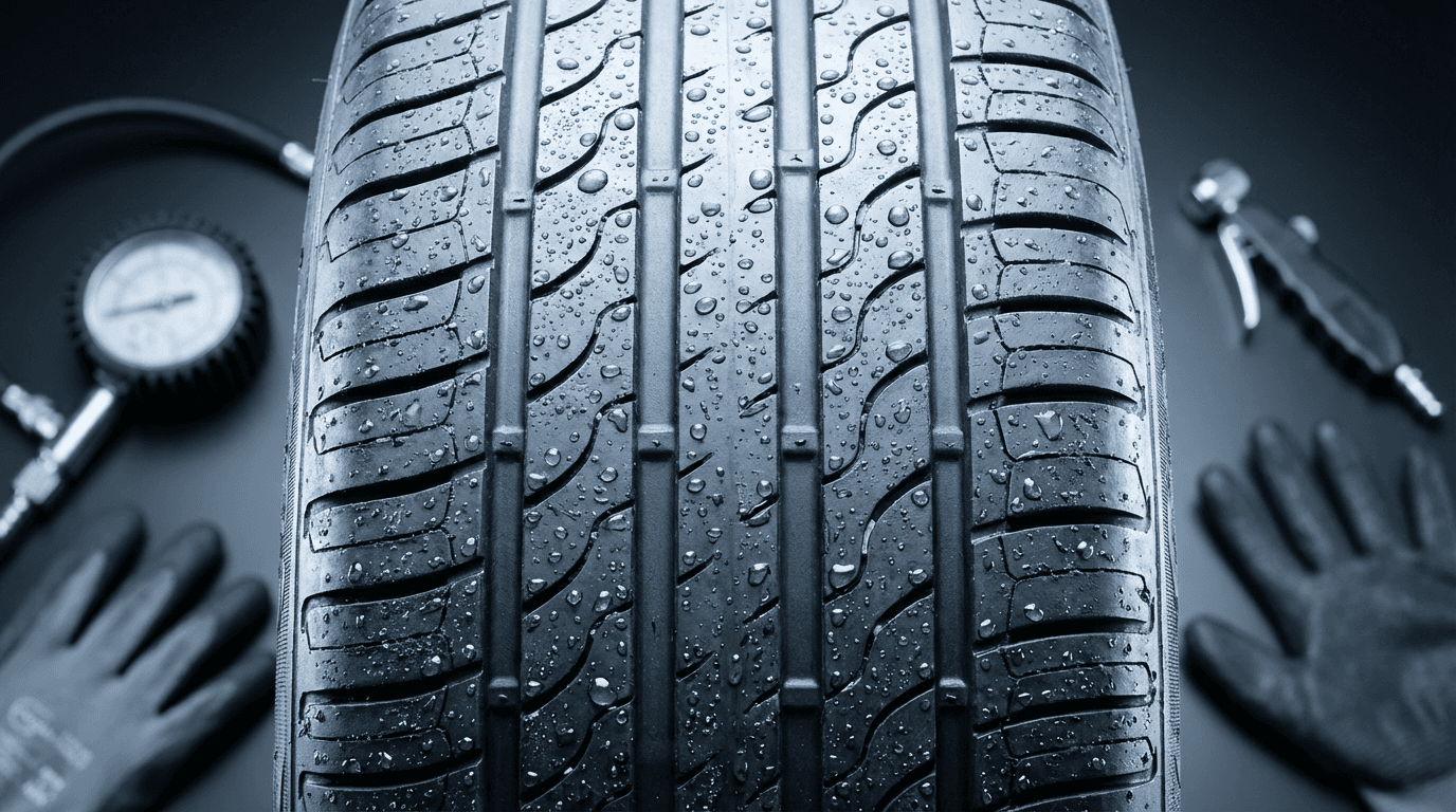 Tire technician inspecting tire tread depth in a Toronto service bay