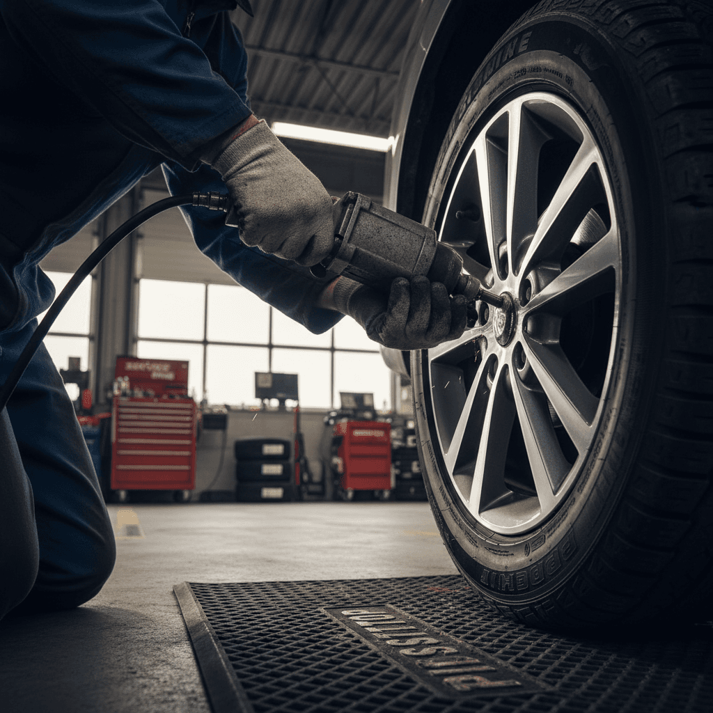 Tire technician talking with a customer in a Toronto service bay